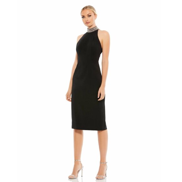 NWT Mac Duggal Open Back Jeweled Halter Midi Dress Black 12 #A0196 - Picture 1 of 10